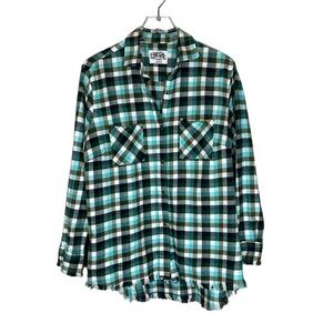 ONE 24 RAGS Women's Large Plaid Long Sleeve Flannel Button Down Shirt Raw Hem